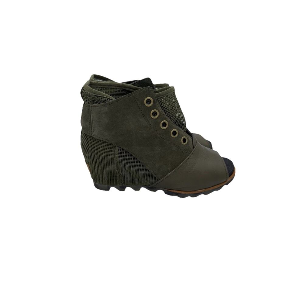 SOREL Women's Joanie Boot Wedge 10 Suede & Micro Mesh Bootie Green Peep Toe - Picture 3 of 11